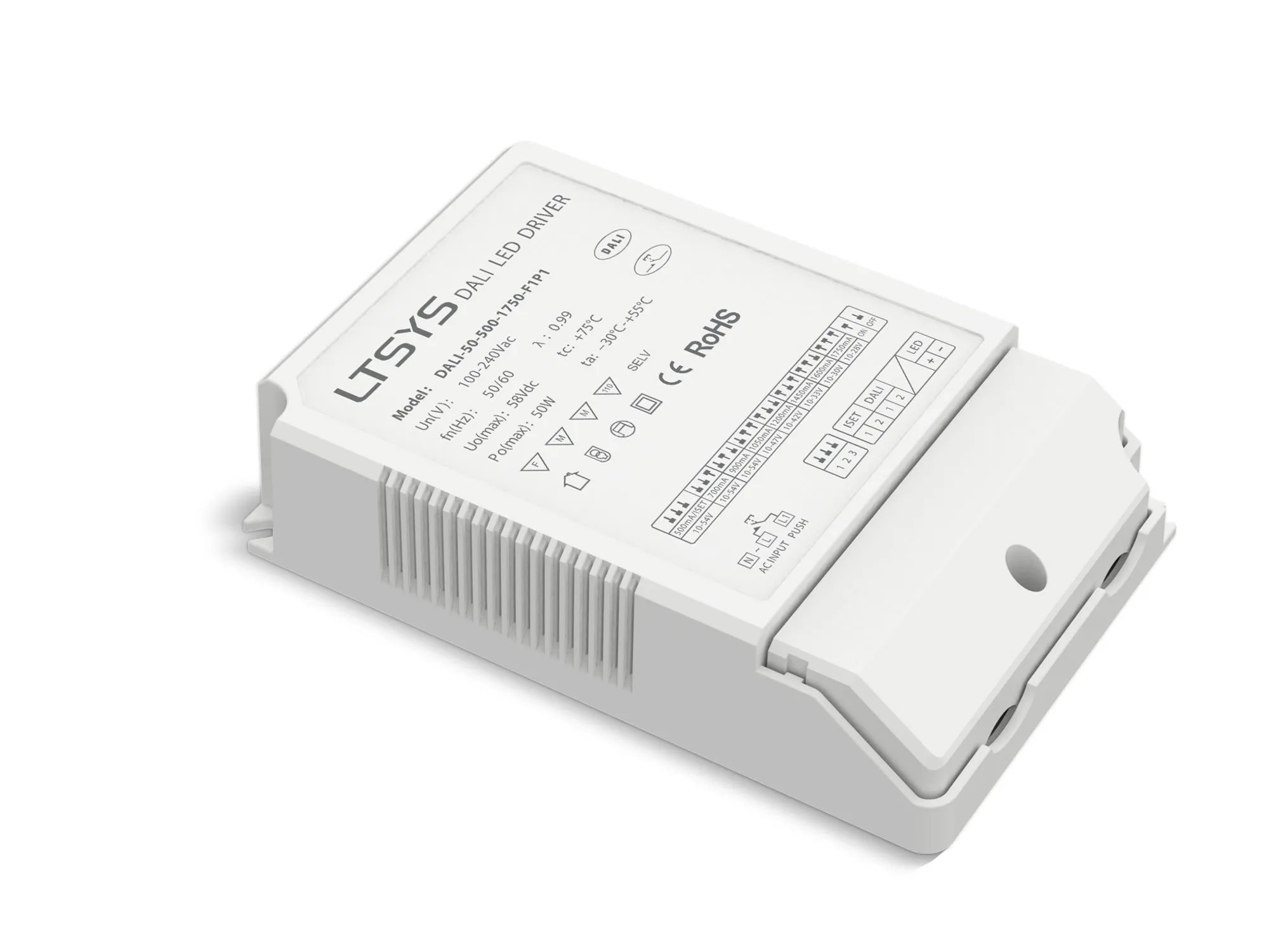 DALI, Push Dim, PWM, 5-50W Current Dimmable Drive DC 10-54V